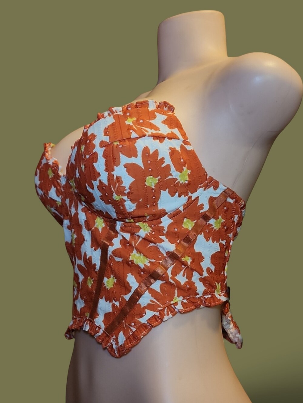 Well Made floral Bustier Top Zip Closure Ruffle Demi Cup S/M CHECK MEASUREMENTS